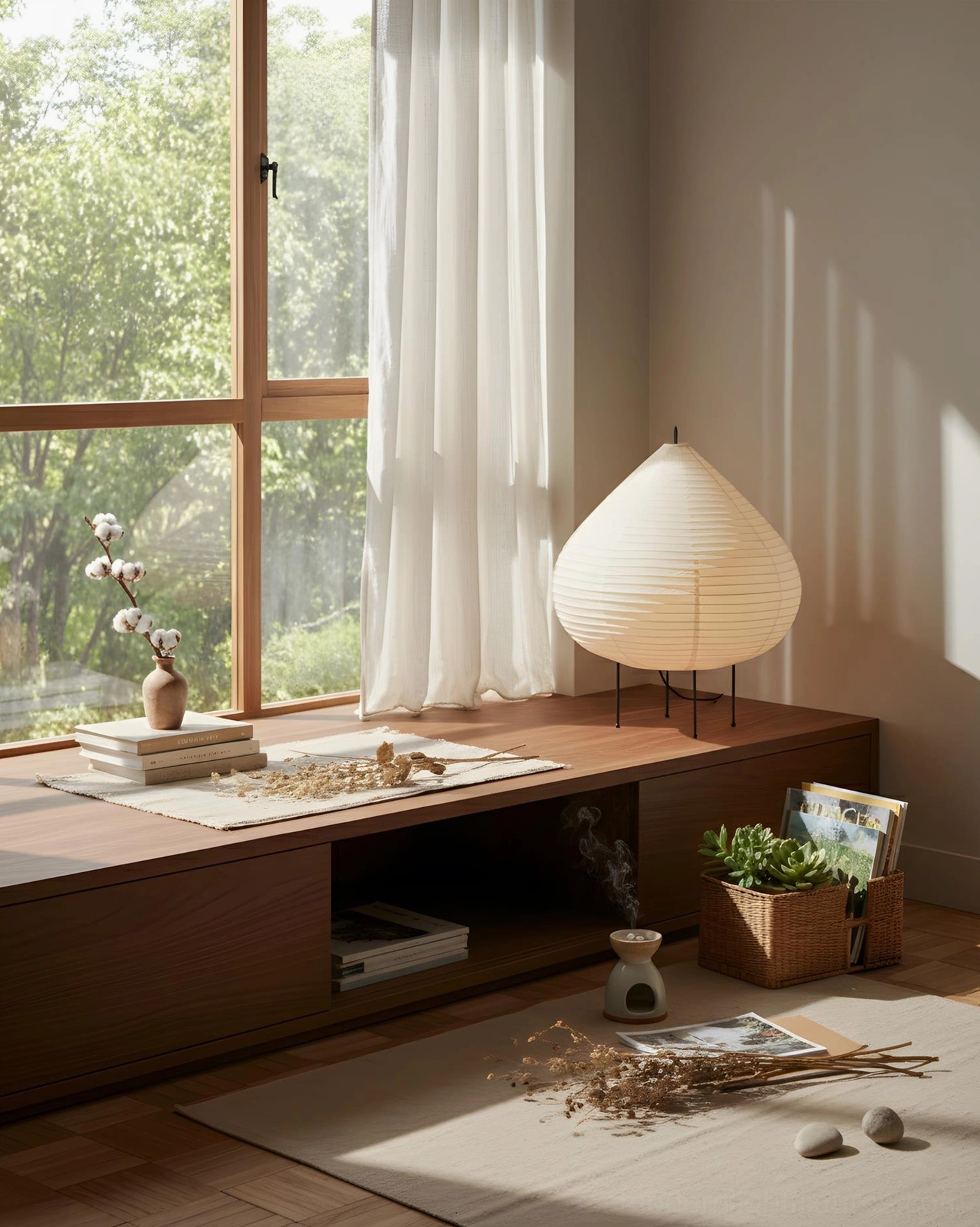 Modern chestnut table lamp at home workspace desk by window with natural light and minimal decor
