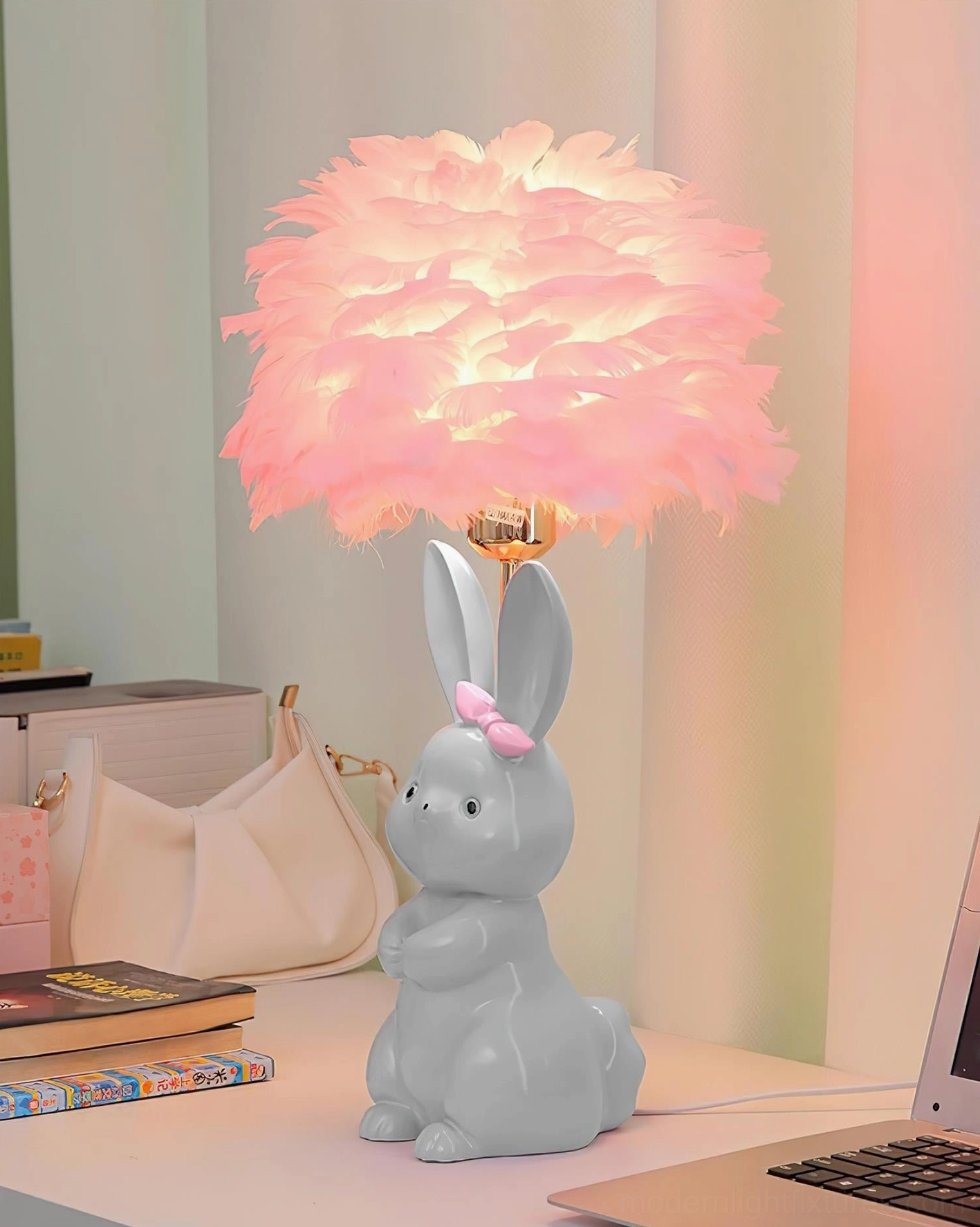 Charming rabbit table lamp with feather shade in pastel tones - children's bedroom lighting fixture