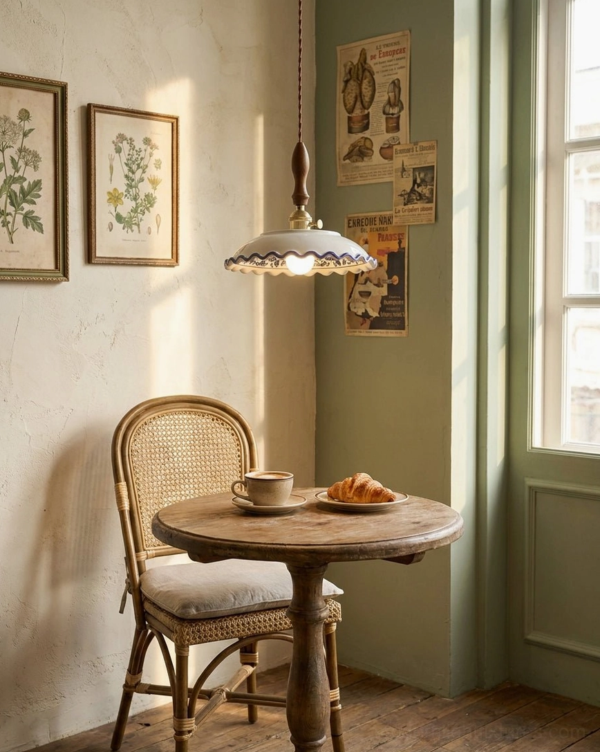 Cobalisse chinoiserie pendant light suspended above round wooden dining table in vintage breakfast nook, warm glow for intimate dining