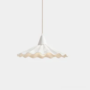 Christie handcrafted bone china pendant lamp with wavy surface in white, front studio view