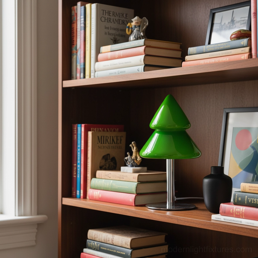 Close-up detail of Christmas tree table lamp shade and metal base construction quality