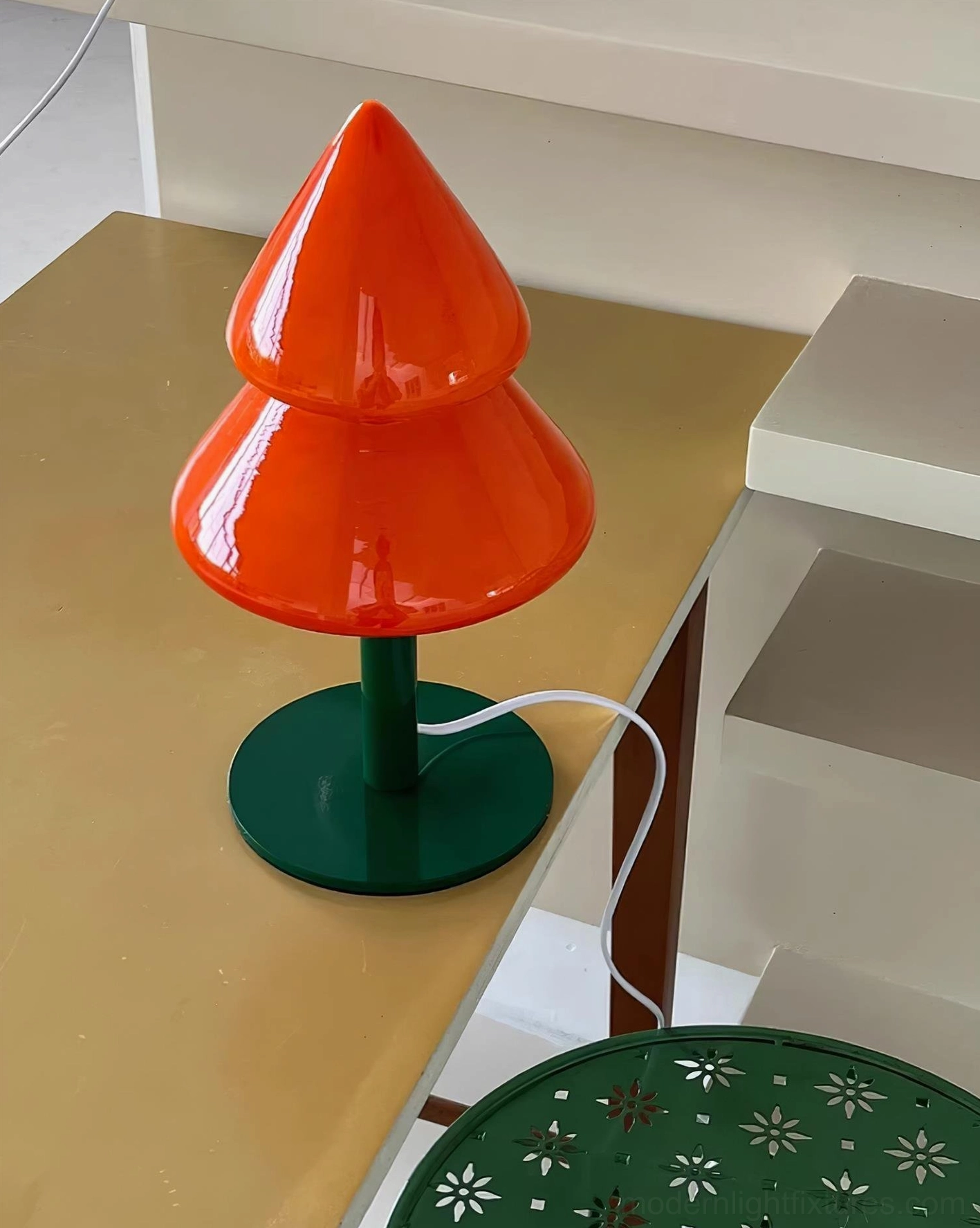 Modern Christmas tree table lamp plug options showing US UK EU and Australian adapters