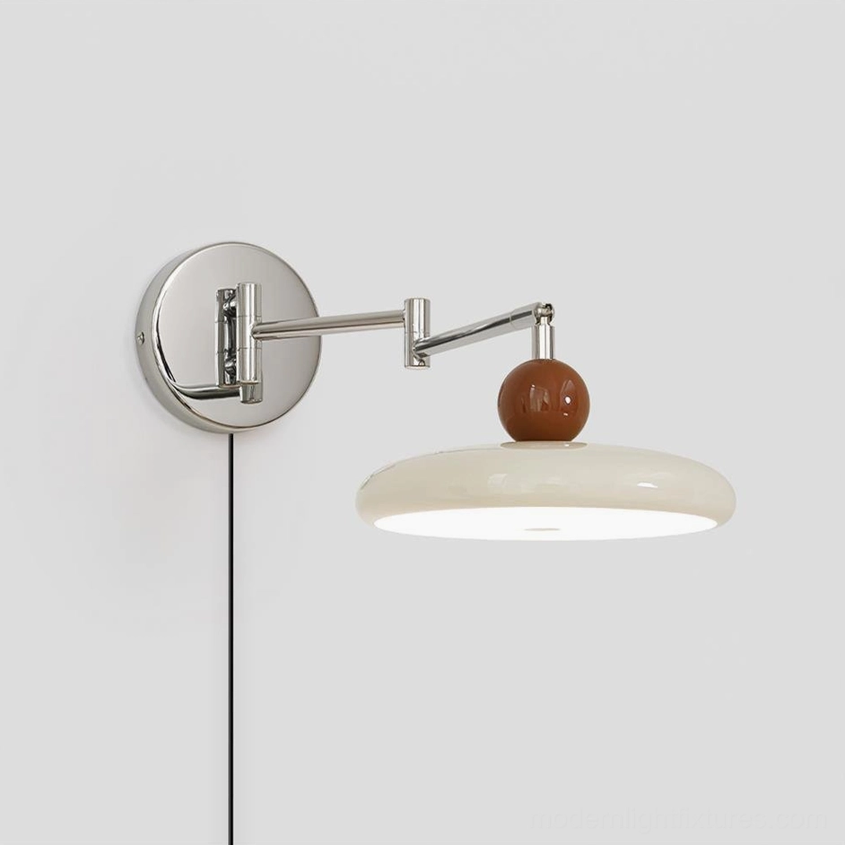 Chrome and beige plug-in wall sconce, versatile modern lighting fixture for bedroom, office, and living spaces