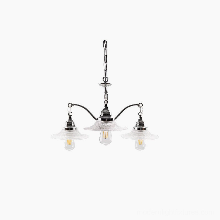3-head chrome chandelier with clear glass shades product shot showing complete fixture design