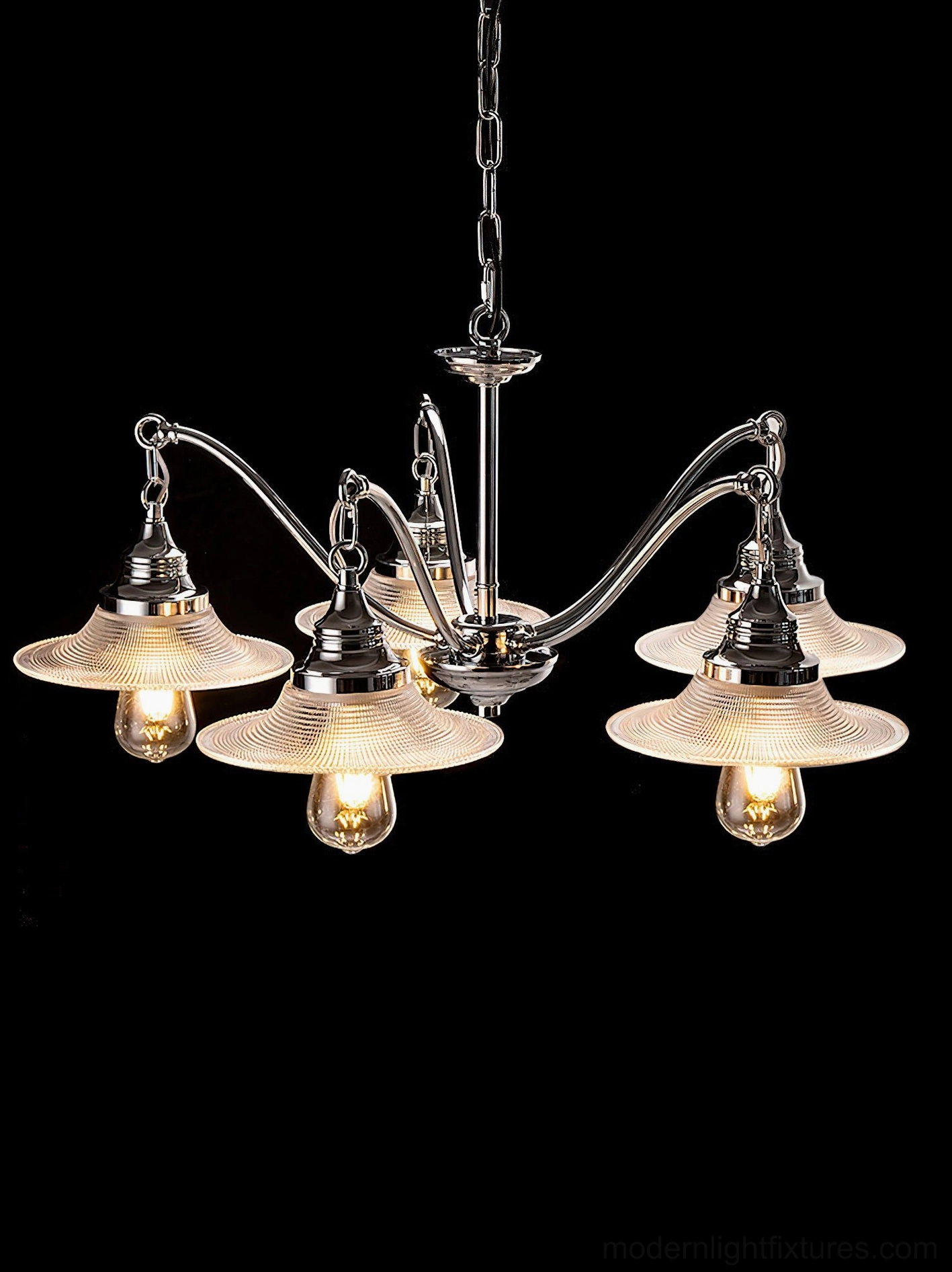 5-head modern chrome chandelier overhead view showing symmetrical arm arrangement and glass shades