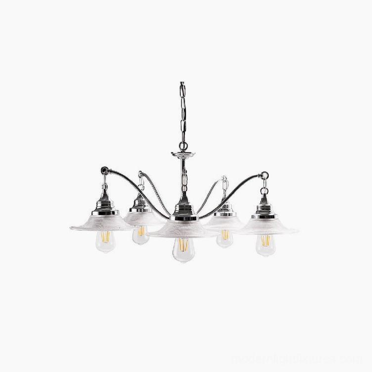 5-head chrome chandelier with clear ribbed glass shades product showcase image