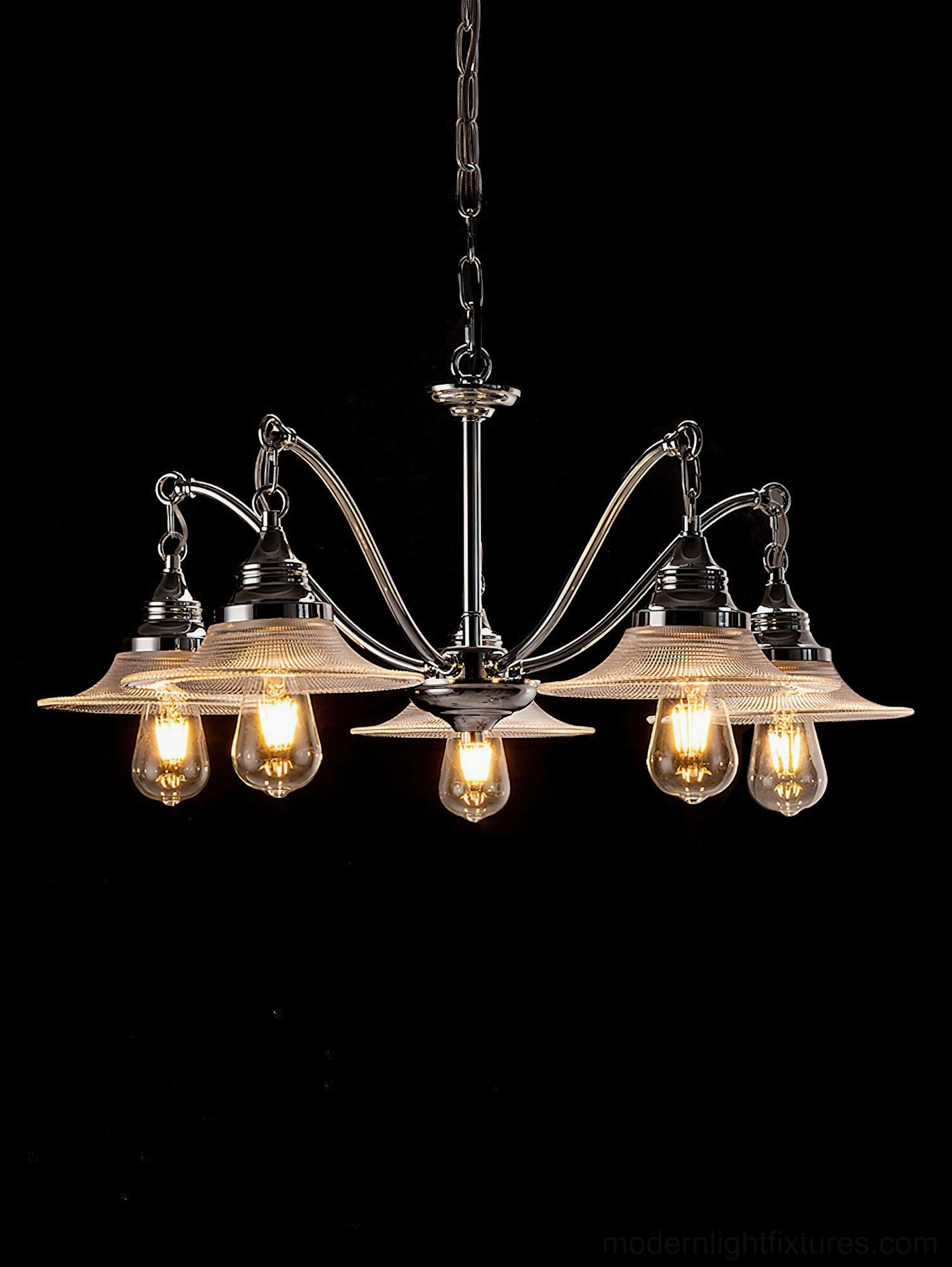 Modern chrome chandelier showing full assembly with multiple heads and glass shade configuration