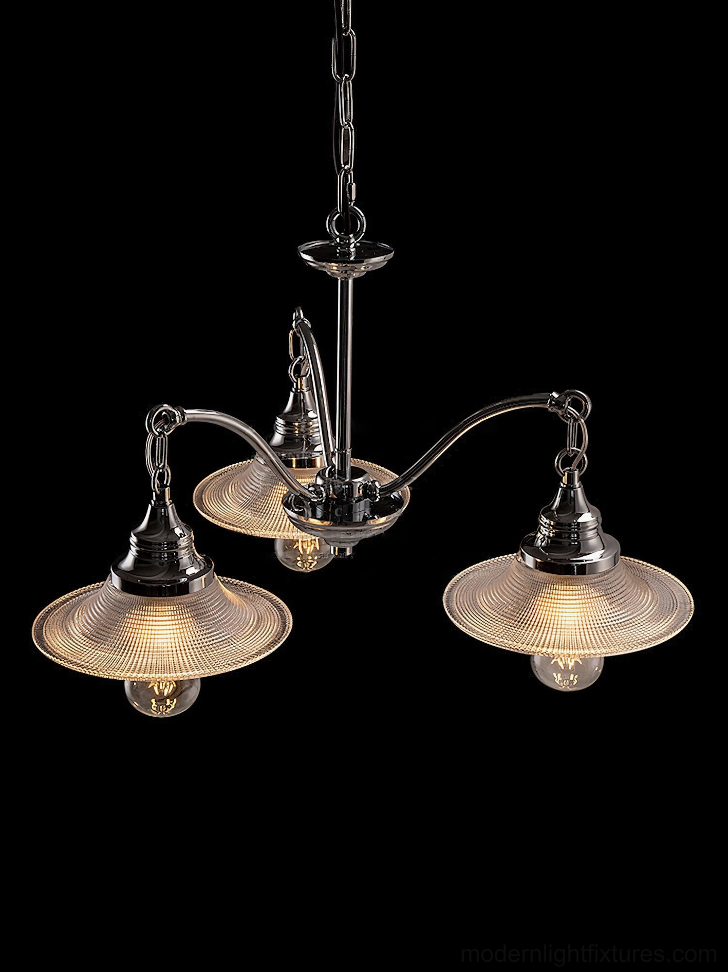 Chrome pendant chandelier fixture detail view of ribbed glass shade texture and chrome frame
