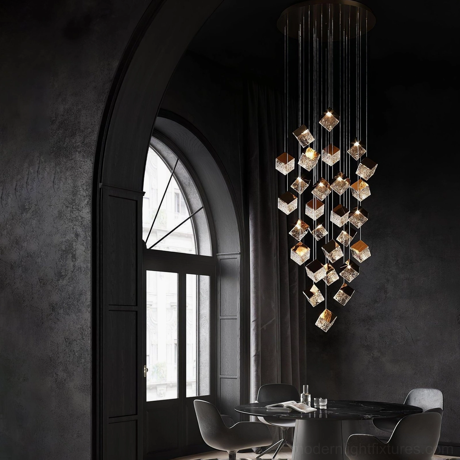 Chrome polished cube pendant light fixture contemporary installation view