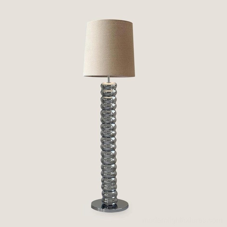 Chrome stacked floor lamp with beige linen fabric shade mid-century modern design furniture