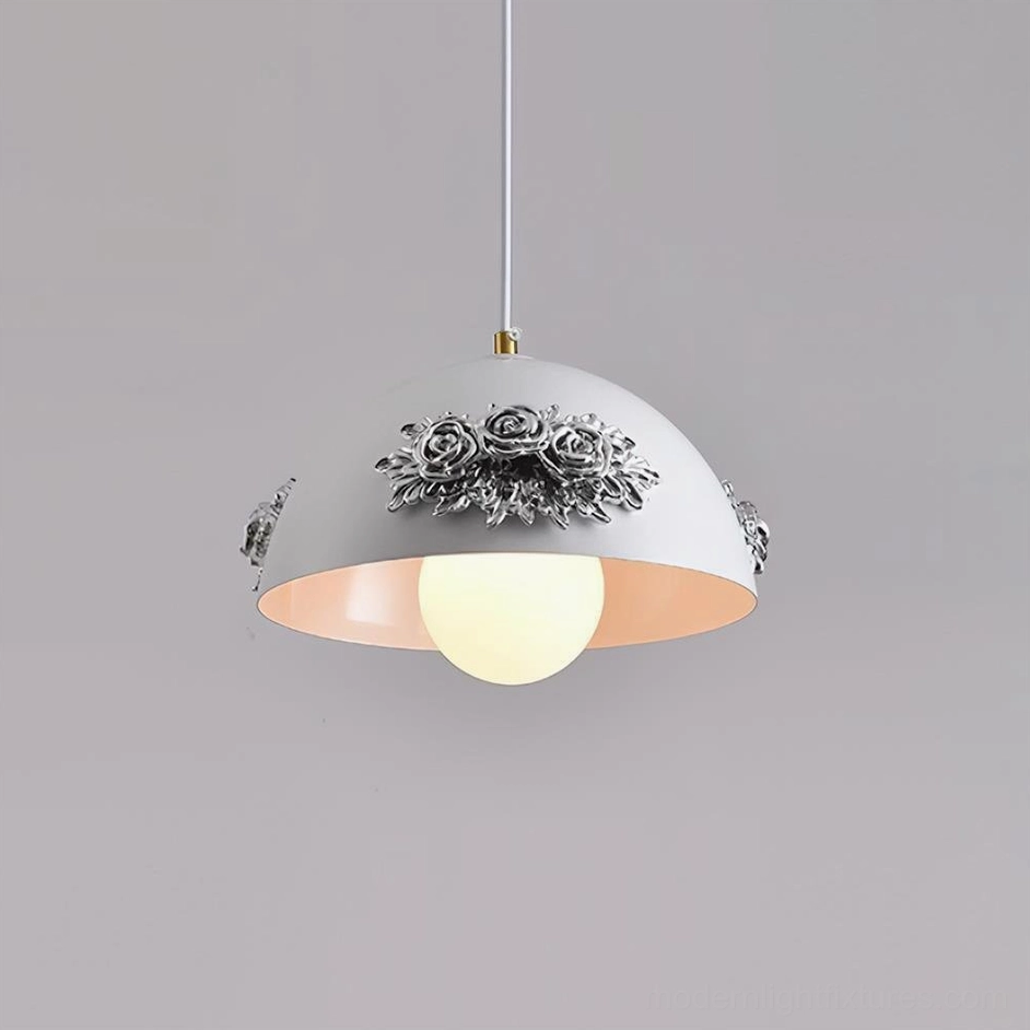 Chrome finish floral dome pendant lamp with 3D rose appliqués, sleek contemporary modern lighting fixture