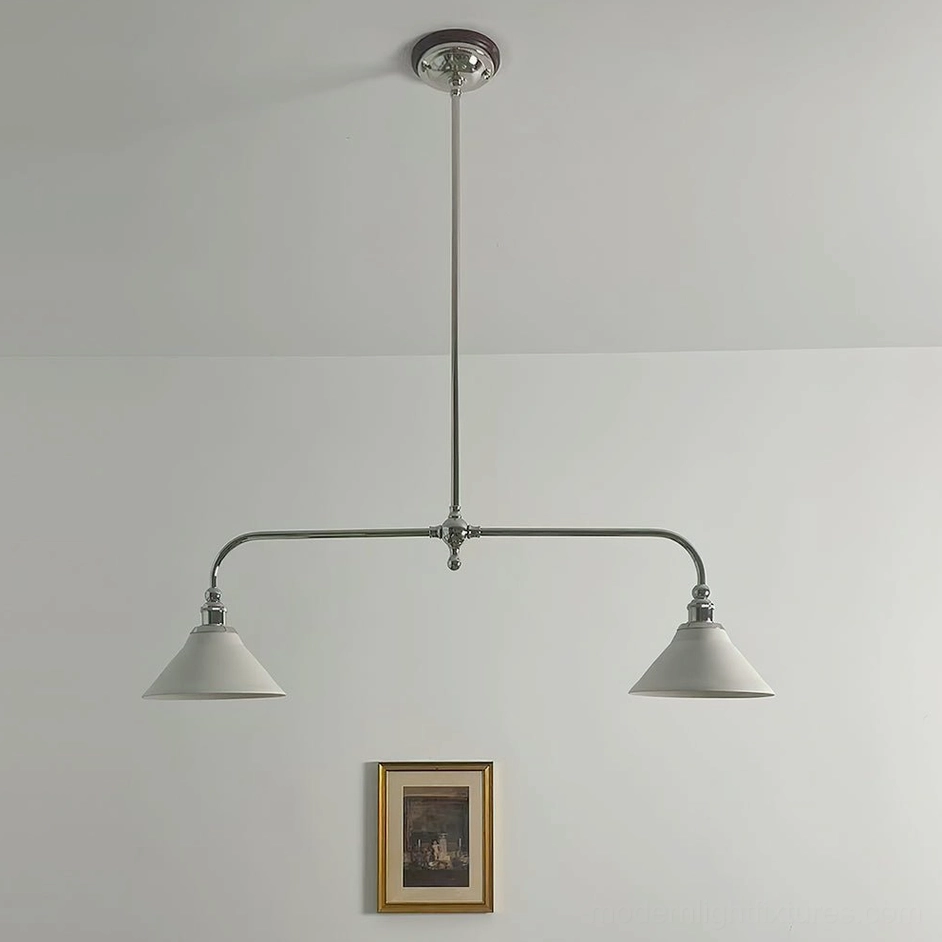 Chrome and white ceramic linear chandelier with modern minimalist design featuring symmetric two-light pendant configuration