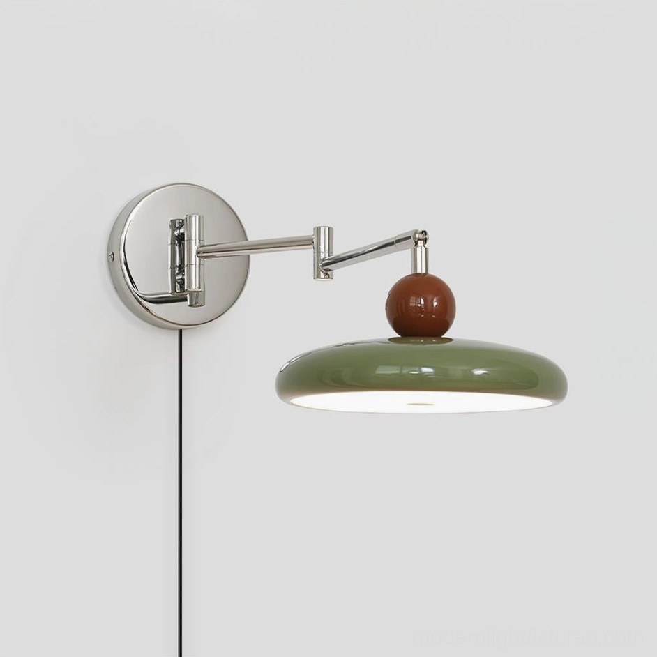 Chrome and olive green swing arm wall sconce, modern Scandinavian home interior accent lighting