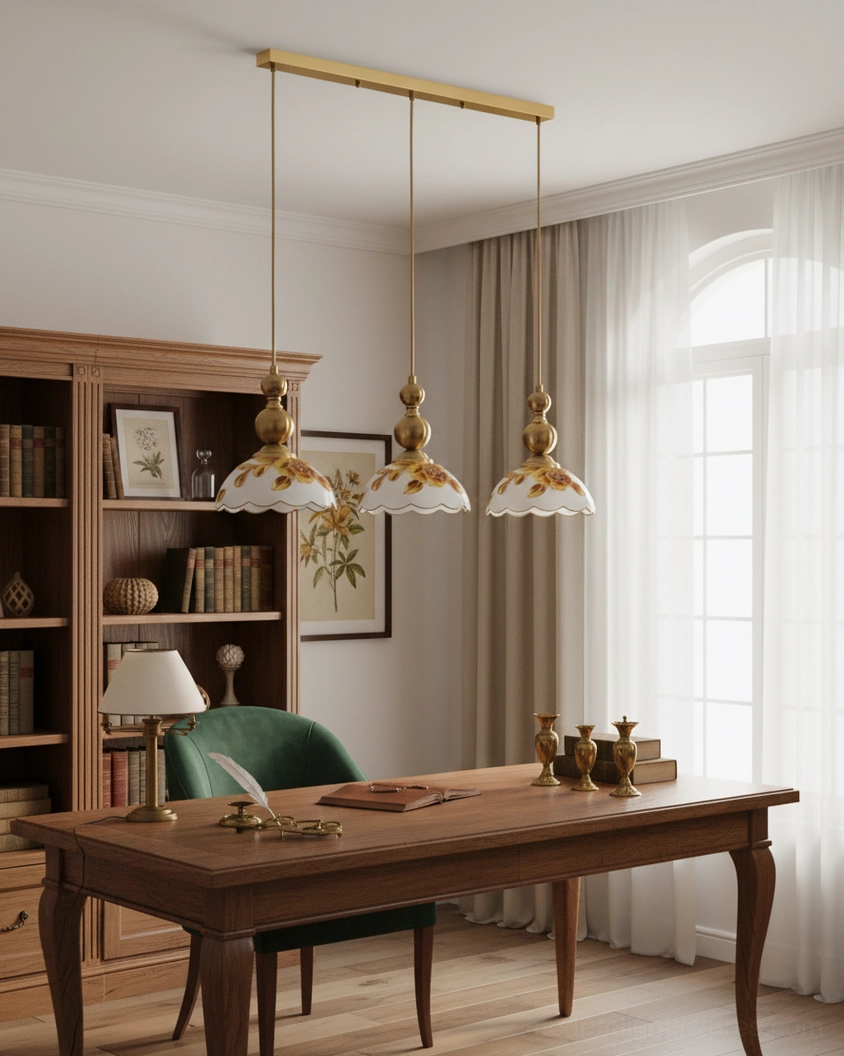 3-head chrome pendant light fixture with floral glass shades in contemporary home office