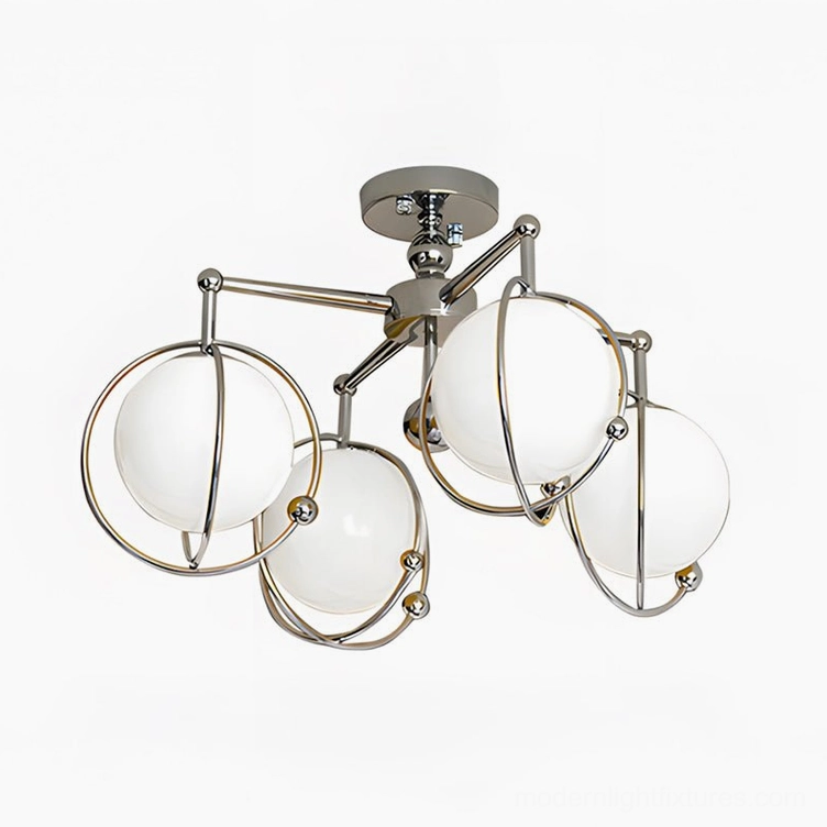 Modern ceiling light with chrome and white glass globes, professional studio product photography