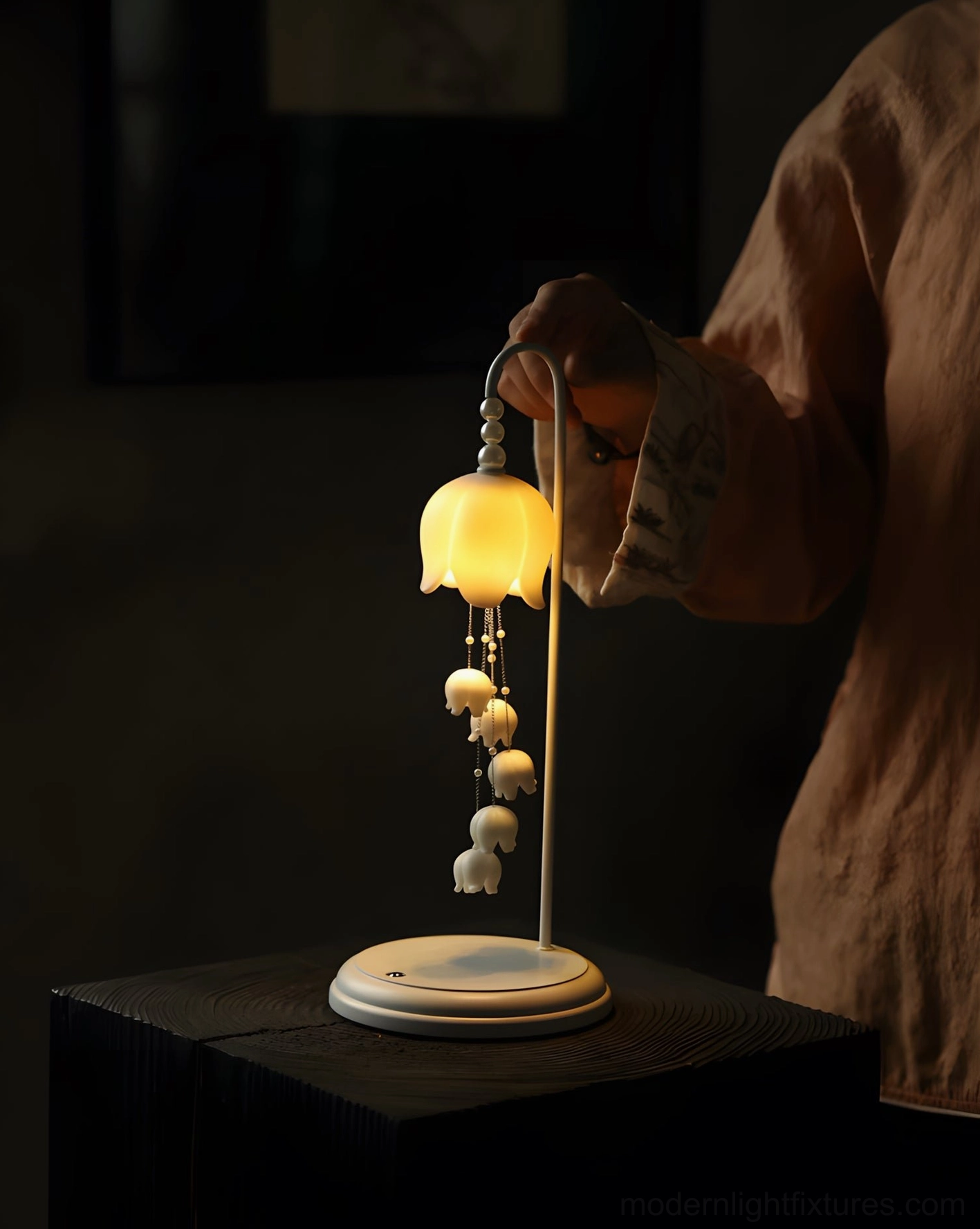 Illuminated Chyme Charge lamp on bedroom side table with warm 3000K glow and soft lighting