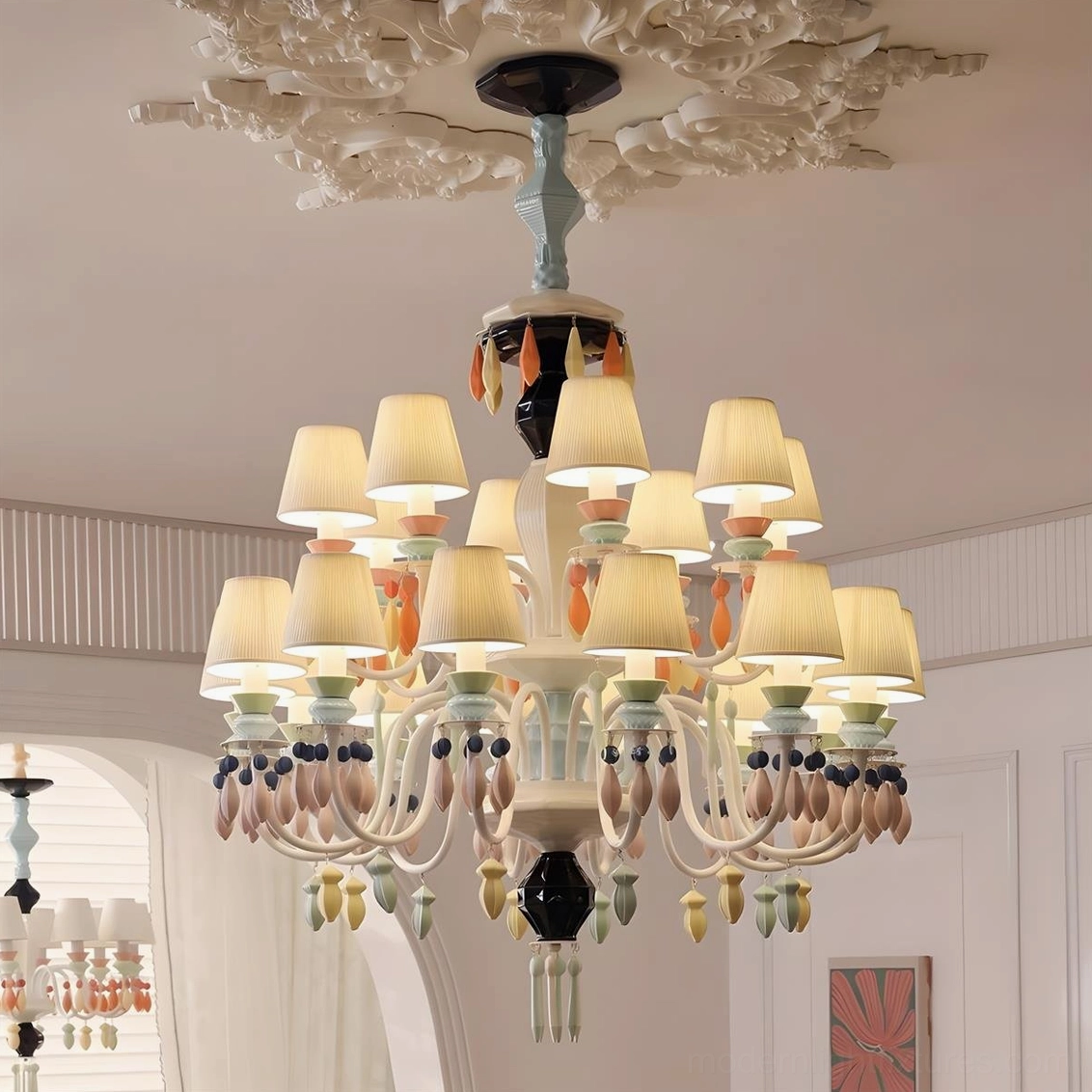 Cielora 22-head ceramic chandelier mid-tier configuration for formal dining rooms and entry halls