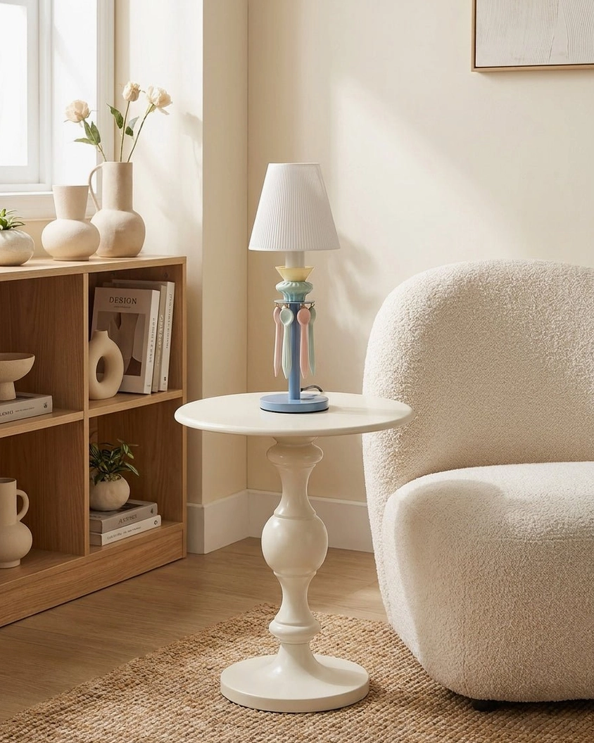 Cielora blue ceramic table lamp creating warm ambient light on white round side table with bookshelf in bright modern interior