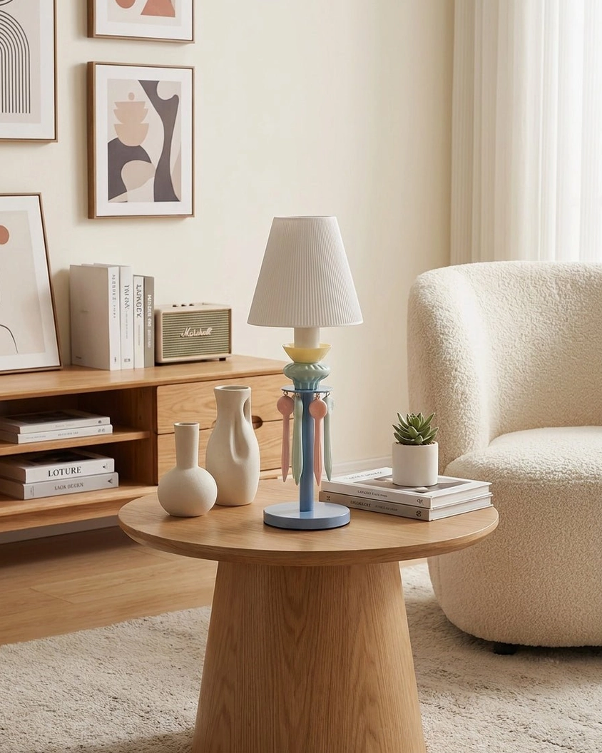 Cielora blue tassel table lamp on round wooden coffee table in cozy bohemian living room with wall art and minimalist decor