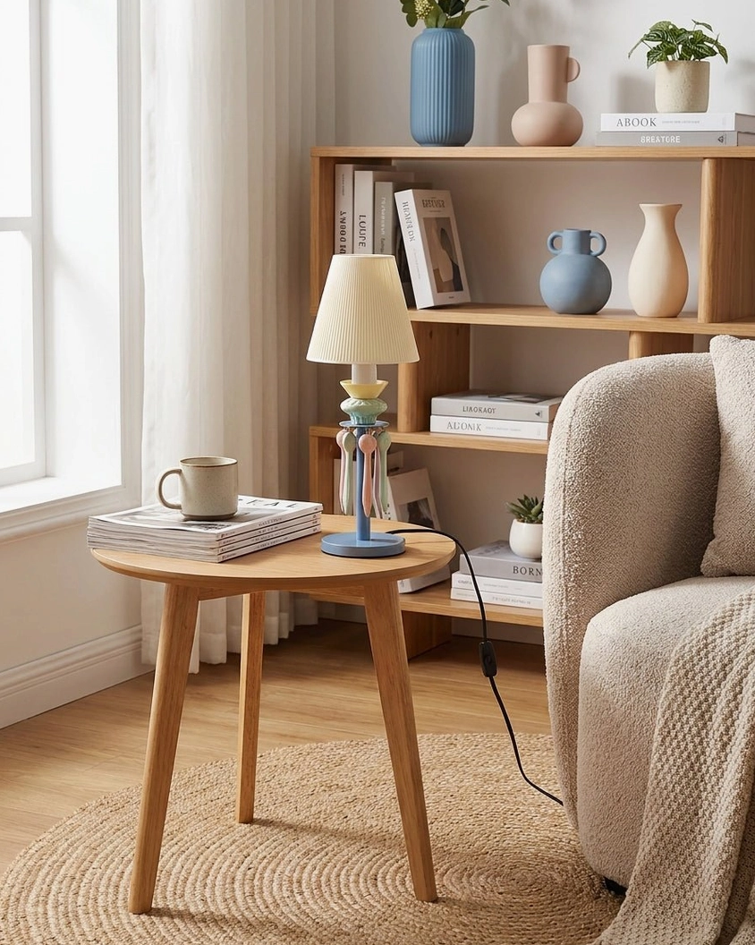 Cielora blue tassel lamp on small wooden side table with fabric sofa and blue ceramic decorative objects on bookshelf