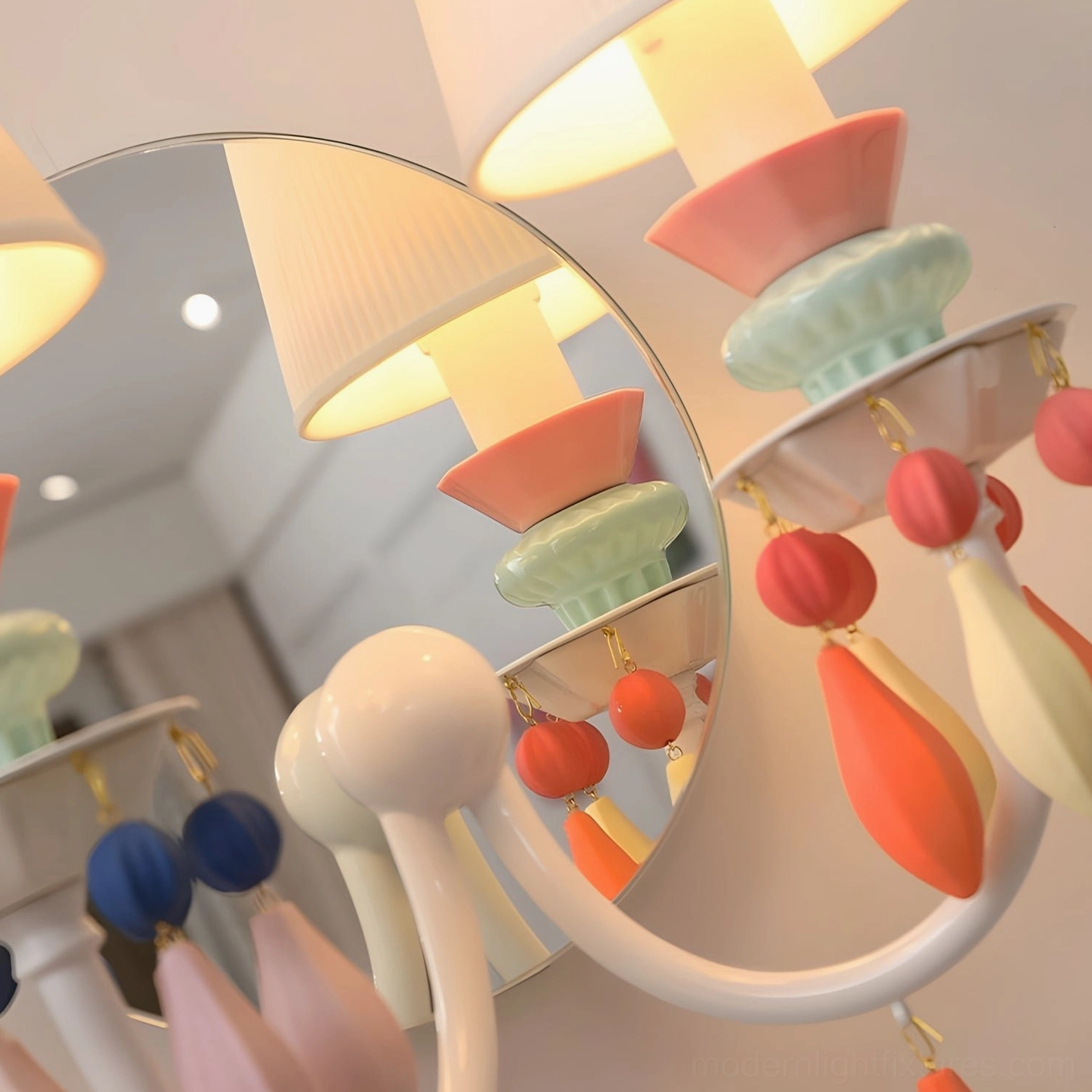 Cielora dual ceramic bead wall sconce detail shot showing hand-finished ceramic stacking and pleated fabric shade texture