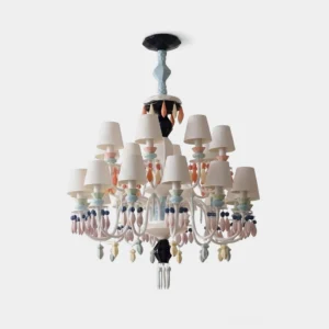 Cielora multi-tier ceramic chandelier front studio view with white body and multicolor accents isolated on white background