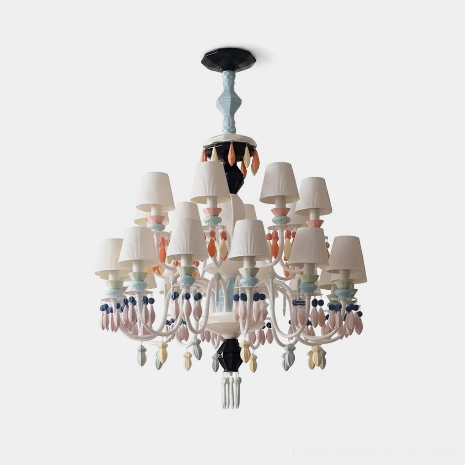 Cielora multi-tier ceramic chandelier front studio view with white body and multicolor accents isolated on white background