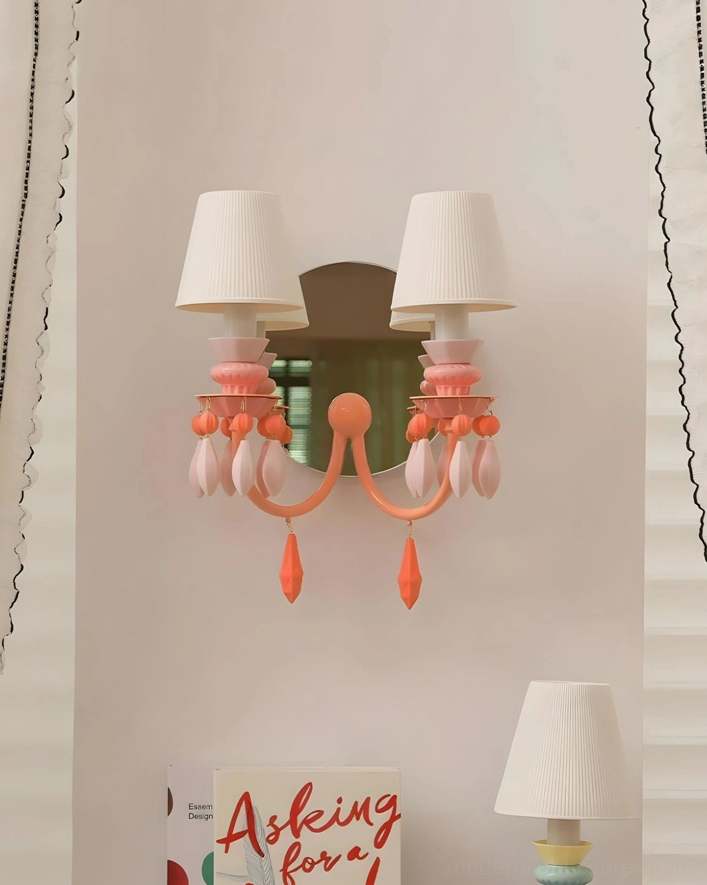Modern Cielora dopamine décor wall sconce ceramic bead arrangement side profile showing totem-like sculptural design and fabric shades