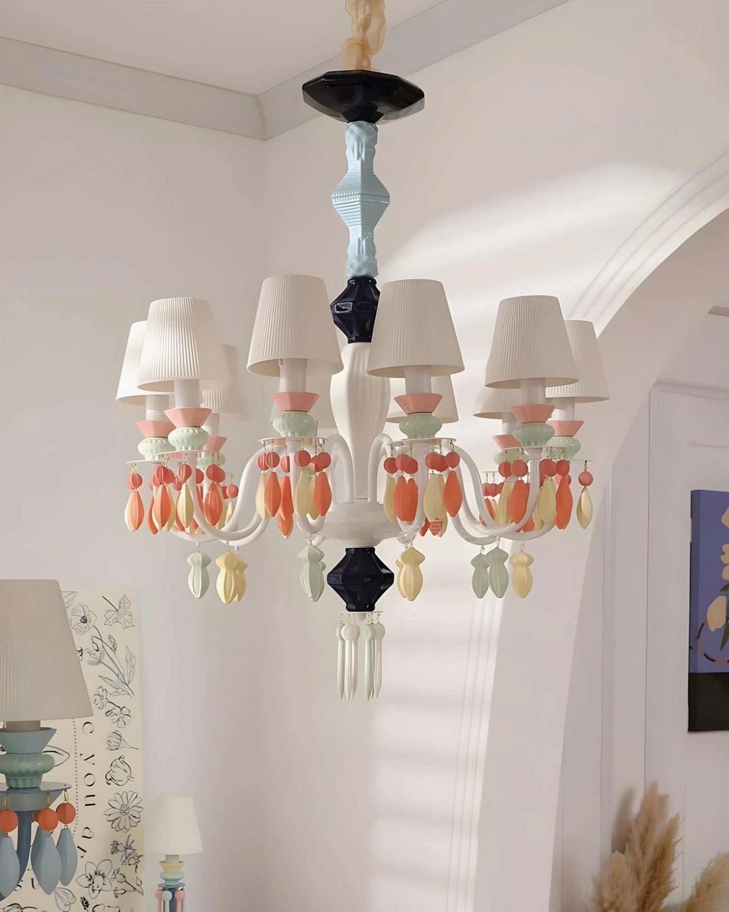 Warm-toned multicolor ceramic chandelier angled view in French residential room with arched doorway art