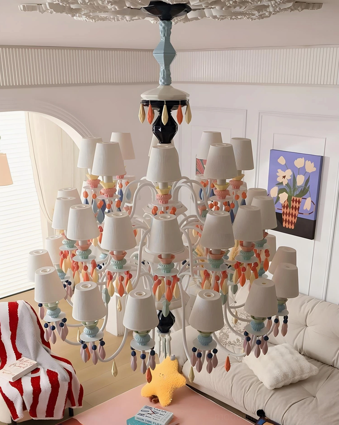 Cielora multi-tier ceramic chandelier detail shot showing layered ceramic arms and multicolor accents
