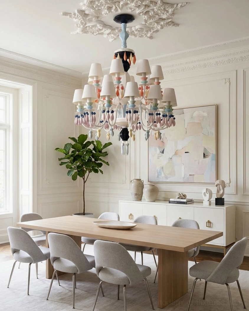 Cielora ceramic chandelier installed in formal French dining room with ornate ceiling medallion