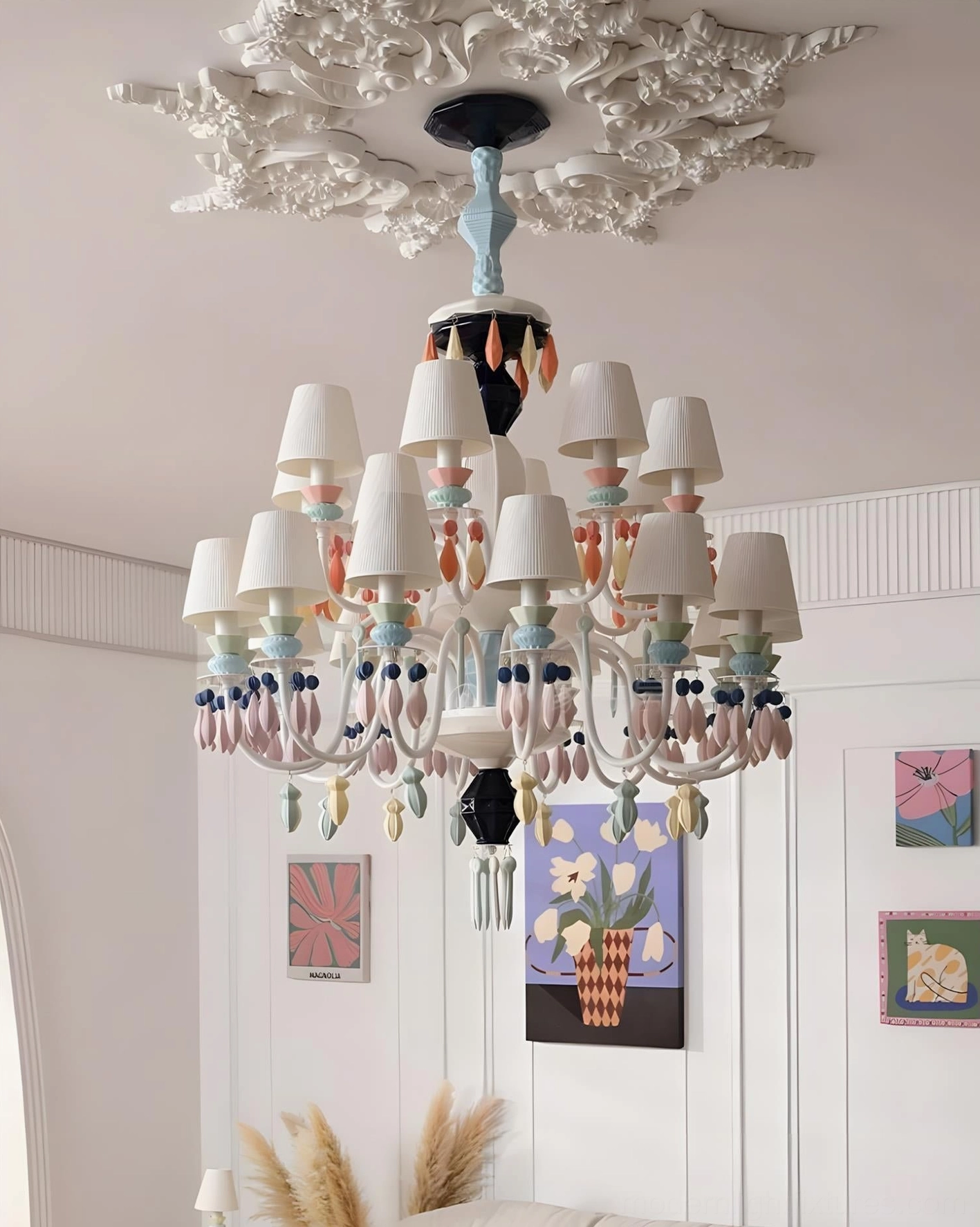 Cielora ceramic chandelier overhead view showcasing radial multi-tier silhouette and light diffusion