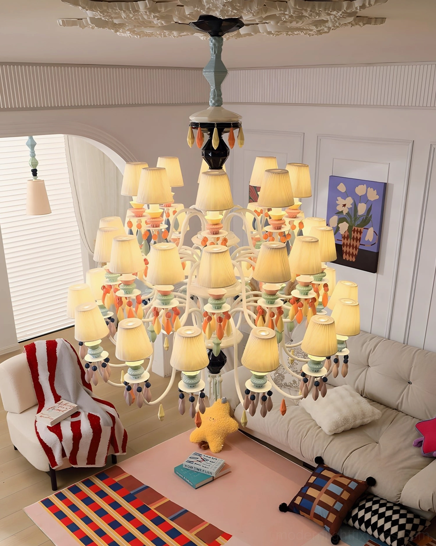 Cielora ceramic chandelier side profile showing curved metal arms and ceramic shade construction