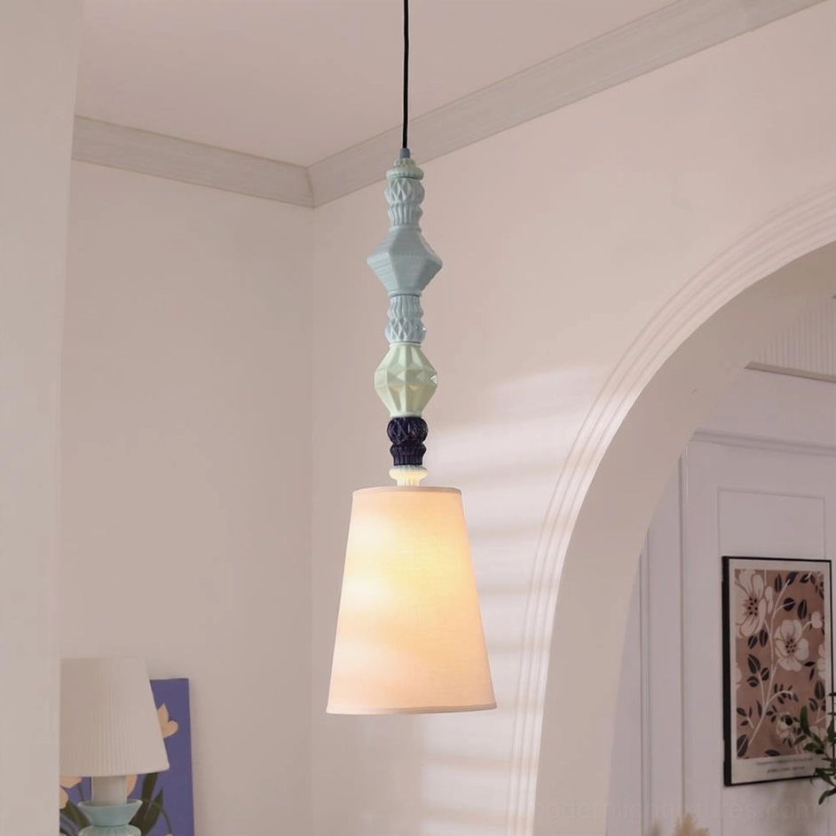 Blue and beige large ceramic totem pendant light model, modern handcrafted fixture with conical fabric shade