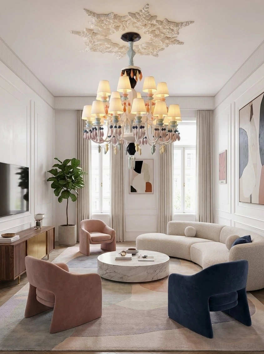 Cielora multicolor ceramic chandelier in contemporary French-style living room with matching decor