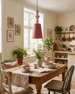 Pink ceramic totem pendant light hanging in vintage wooden dining room, warm cottage bohemian interior design style