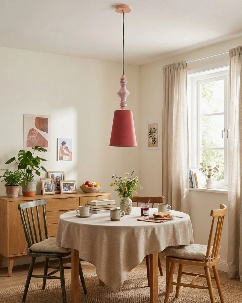 Dark pink tapered fabric shade ceramic totem pendant light in bright residential dining space, bohemian home decor