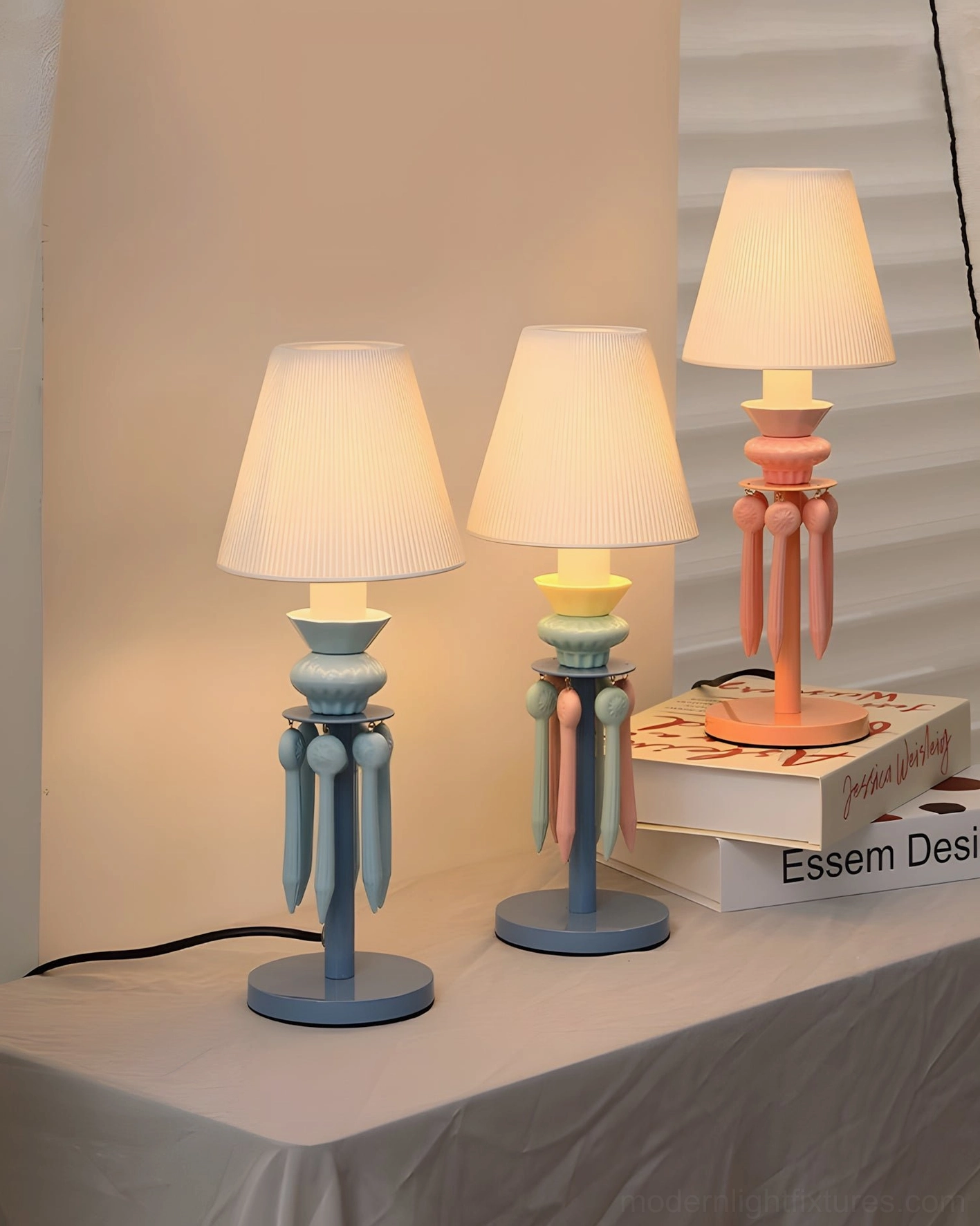 Cielora tassel table lamp pleated fabric shade texture and light diffusion detail showing fine pleating pattern
