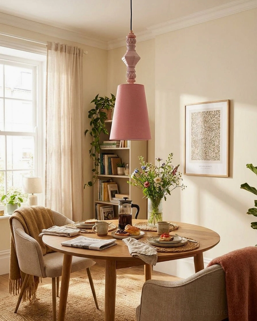 Small soft pink conical shade ceramic totem pendant light in warm cottage dining area, bohemian home design