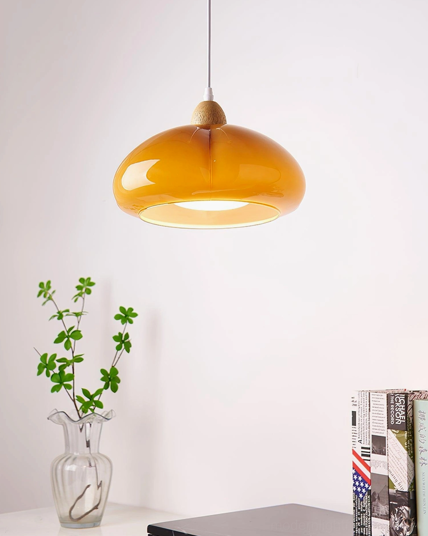 Cipola creamy beige pumpkin pendant lamp in warm contemporary home interior setting