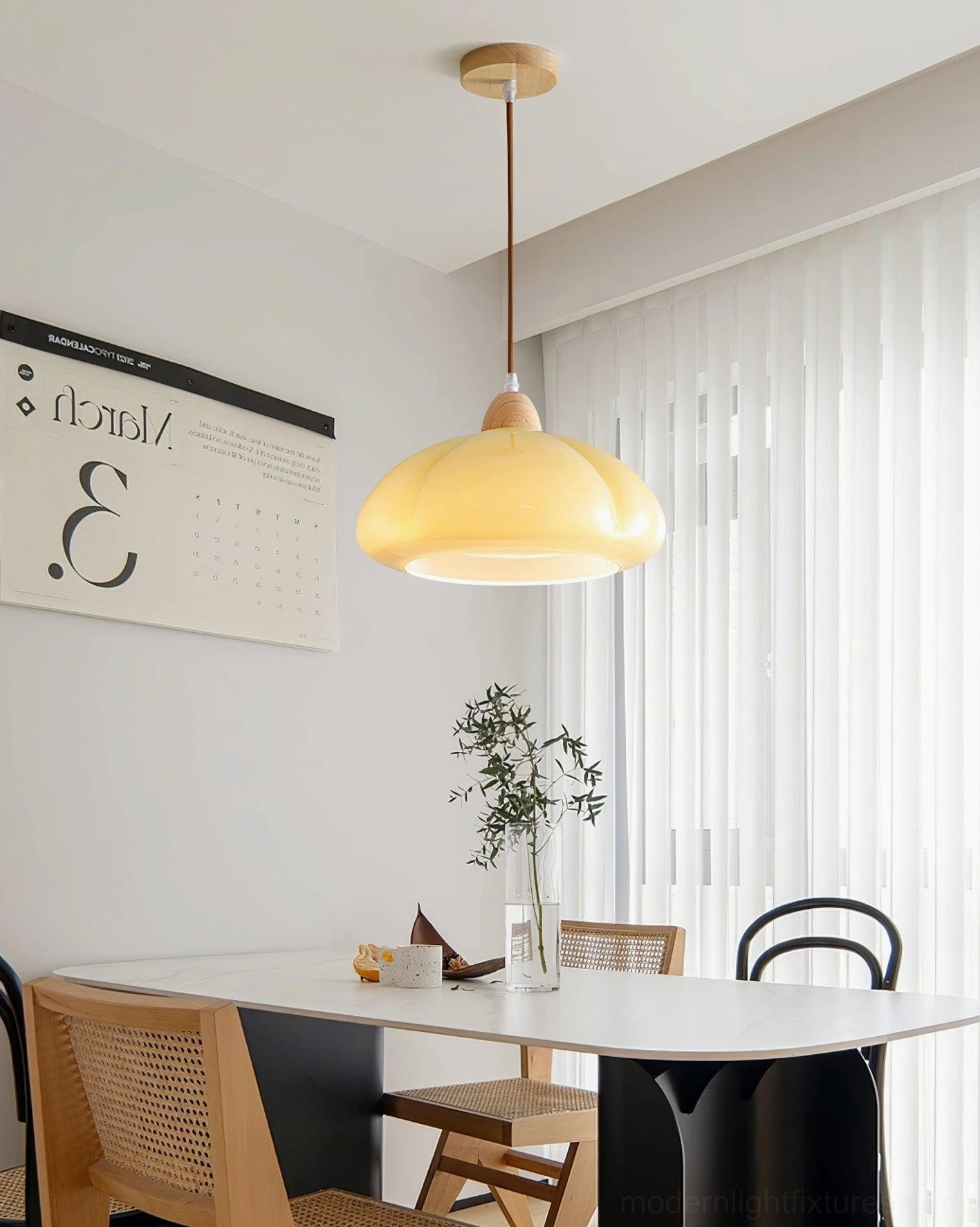 Cipola creamy beige pumpkin pendant lamp in modern apartment dining room with neutral warm interior