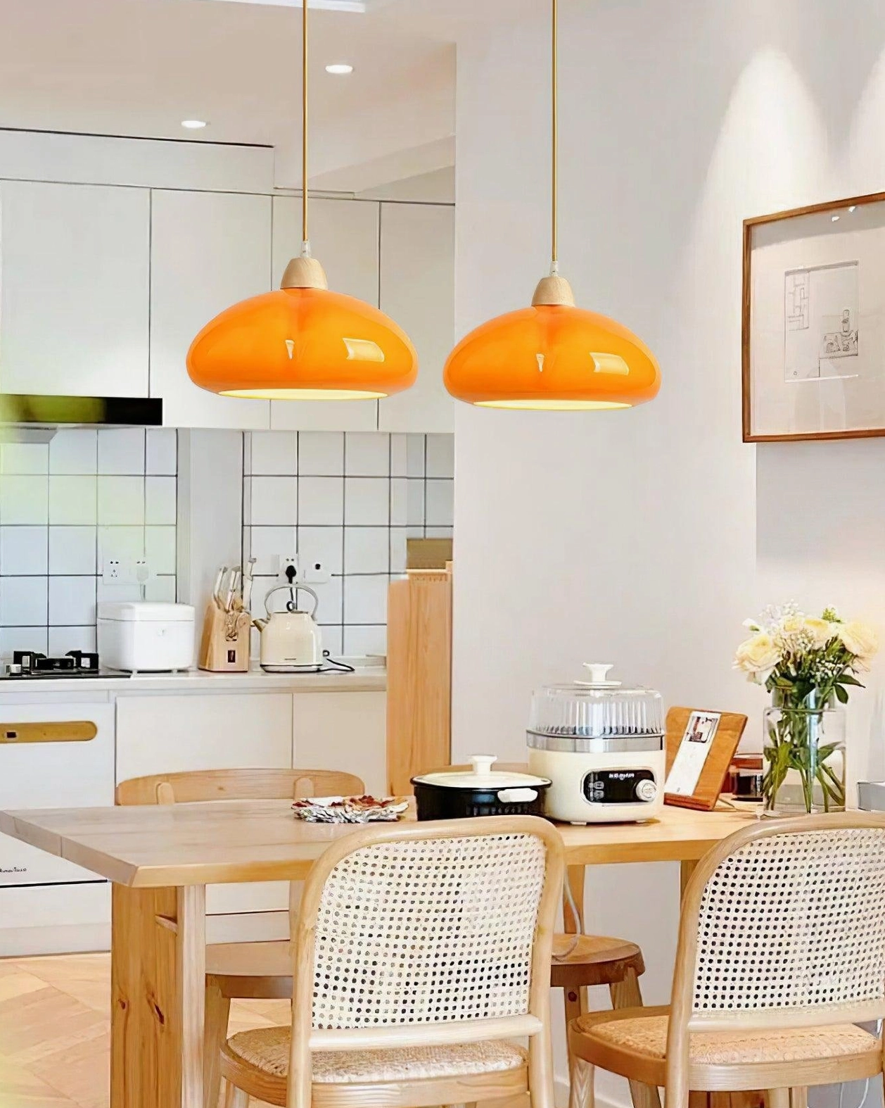 Cipola warm orange mushroom pendant light creating ambient glow in residential interior