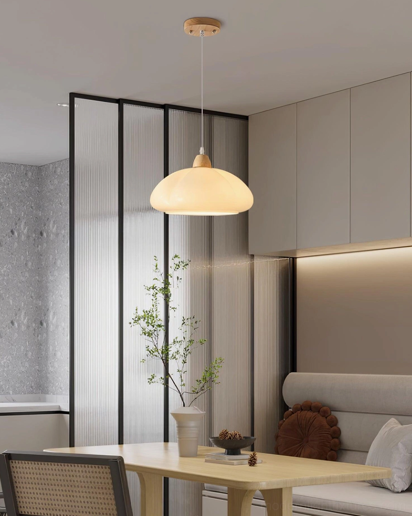 Cipola mushroom pendant light with borosilicate glass shade material specification detail