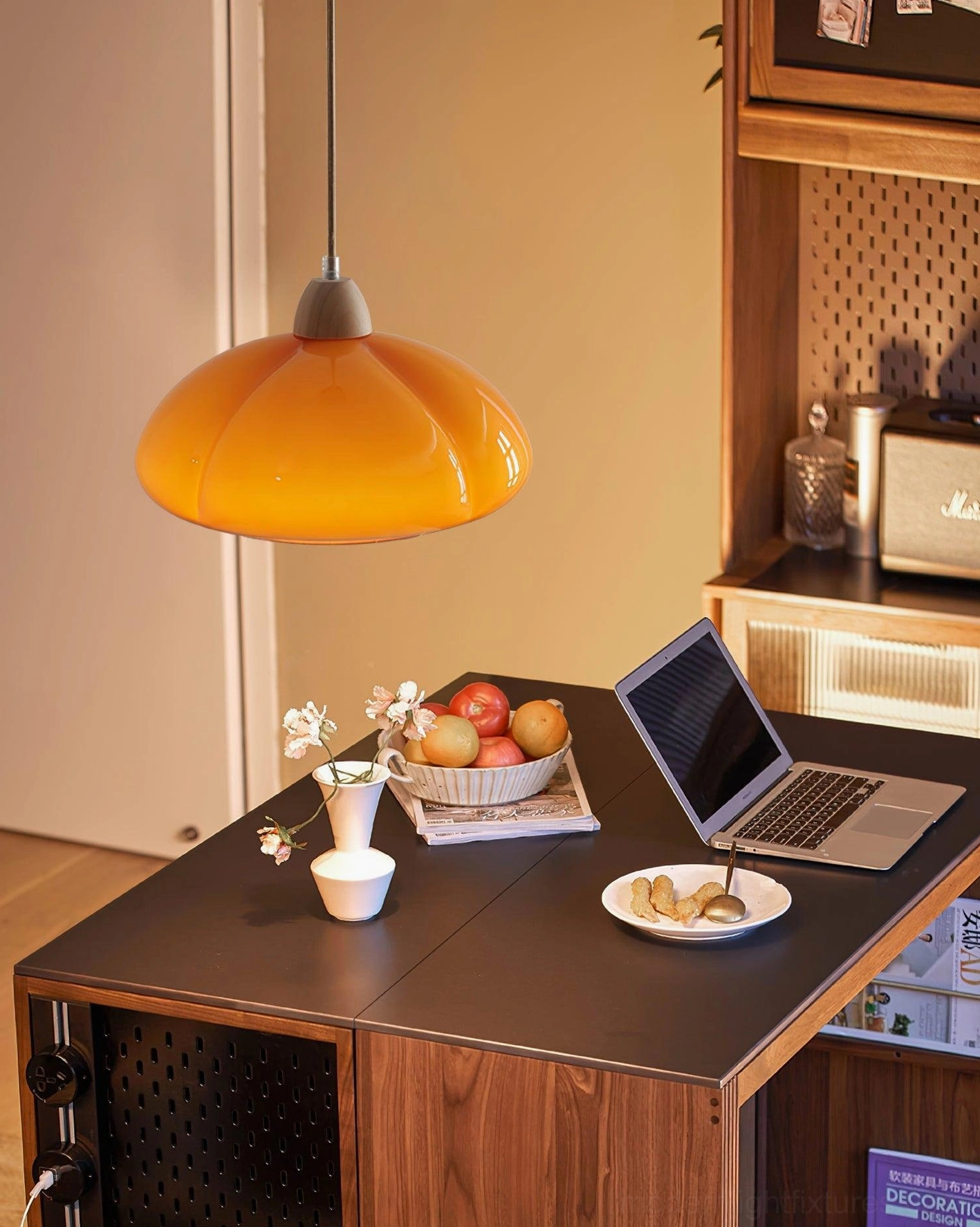 Cipola pendant lamp with wooden top cap and adjustable hanging cord detail