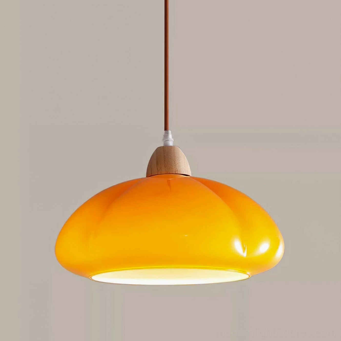 Cipola pumpkin pendant lamp showing rubber wood top cap and glass dome assembly
