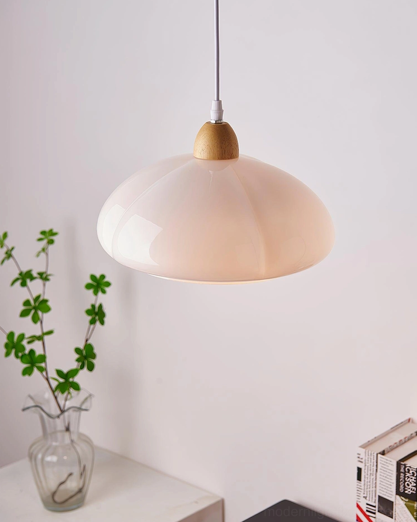 Cipola soft white frosted glass mushroom pendant lamp with wooden accent, studio display
