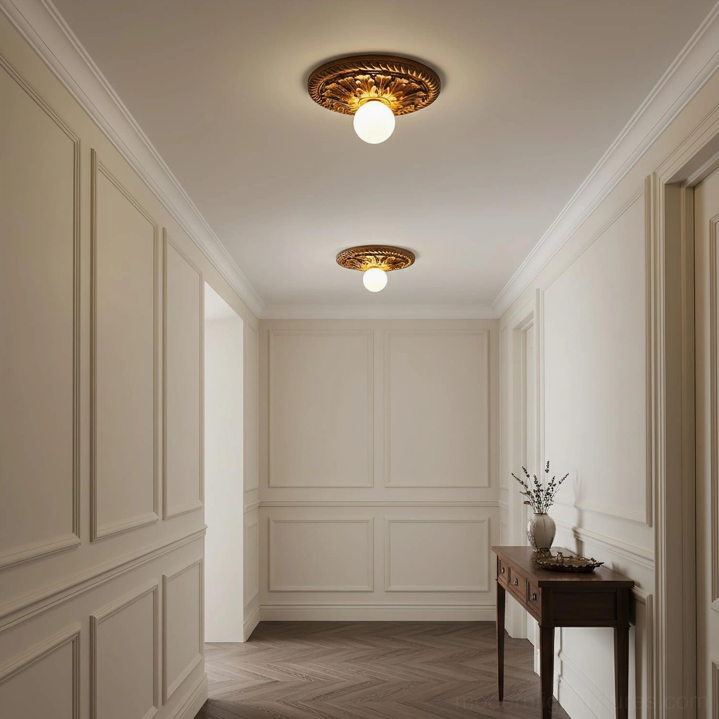Circa black bronze ceiling light fixture with sculptural floral carved base and warm glow