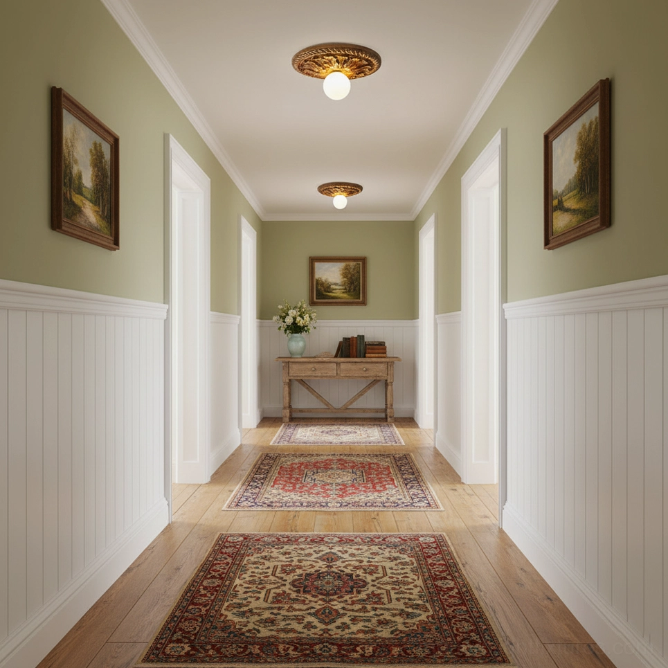 Circa bronze carved ceiling light fixtures installed in green wainscoting home hallway corridor