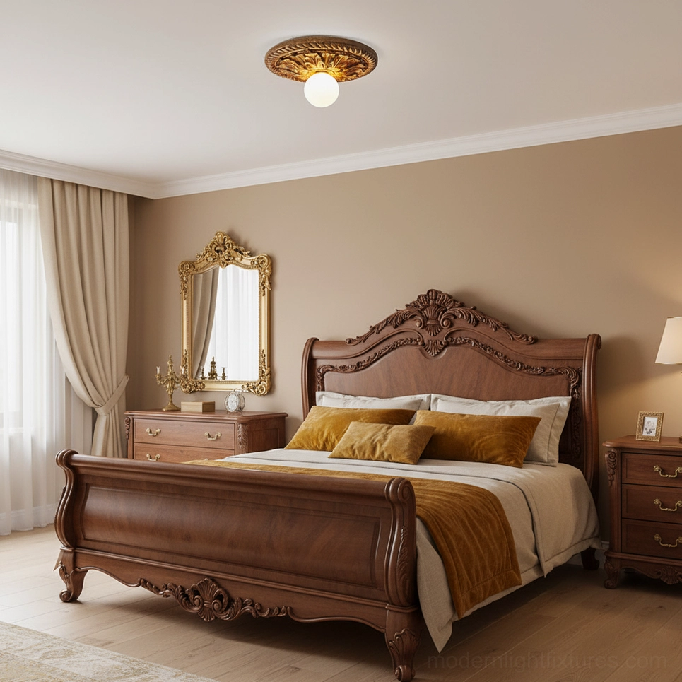 Circa carved ceiling light fixture with floral bronze relief base installed in luxury vintage bedroom