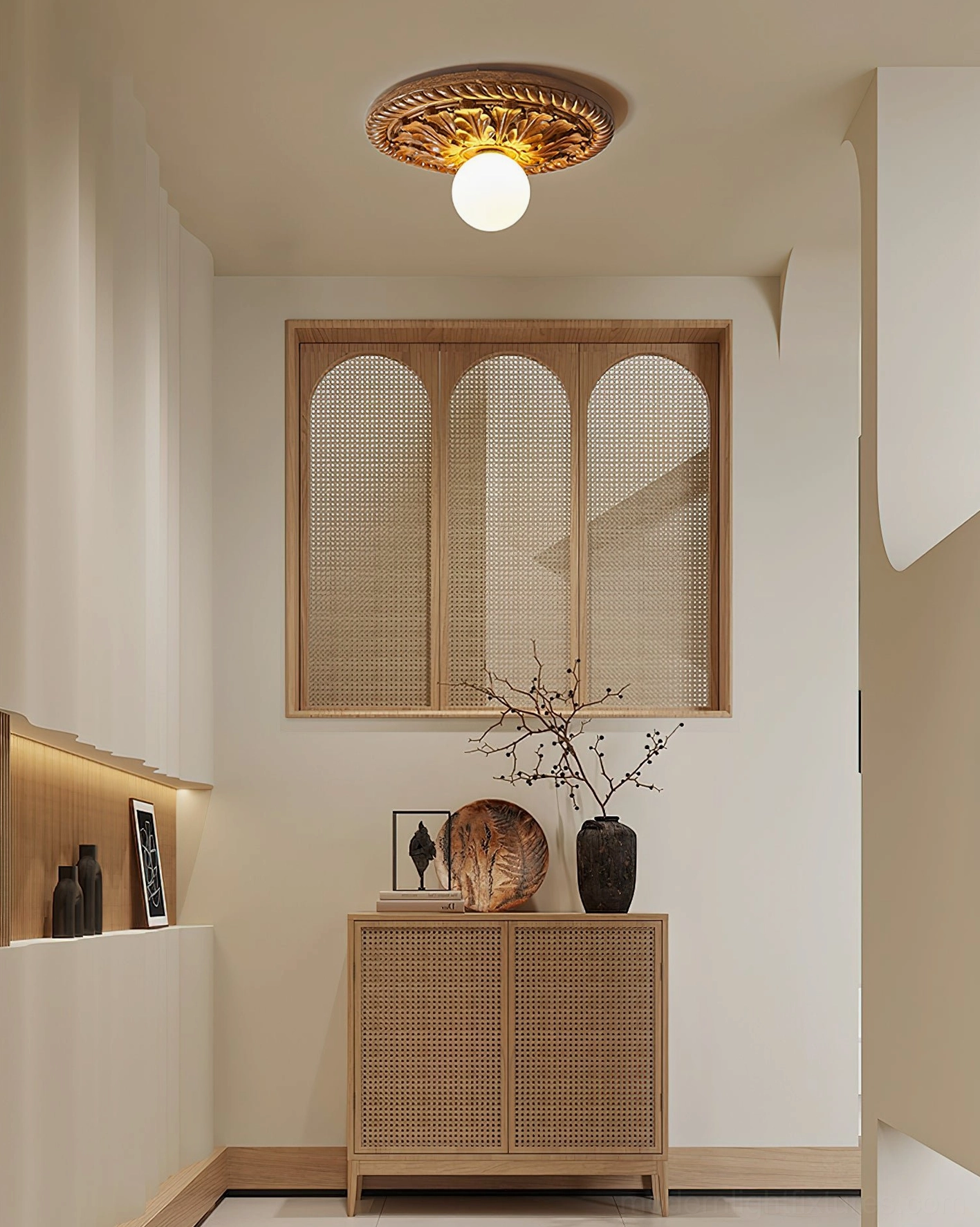 Circa carved ceiling light fixture with dimensional relief creating shadow play and depth